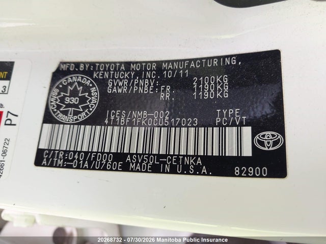 Продаж на аукціоні авто 2012 Toyota Camry Le, vin: 4T1BF1FK0CU517023, номер лоту: 20268732