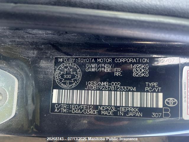 Продаж на аукціоні авто 2008 Toyota Yaris, vin: JTDBT923781233794, номер лоту: 20268743
