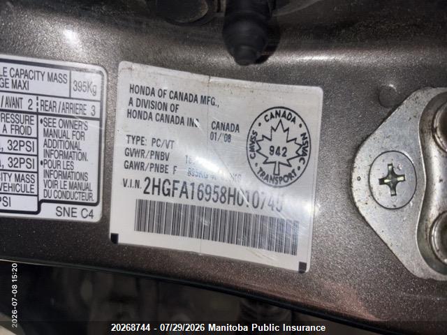 Продаж на аукціоні авто 2008 Honda Civic Ex-l, vin: 2HGFA16958H010745, номер лоту: 20268744