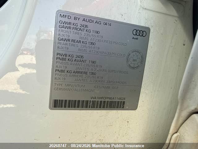 Продаж на аукціоні авто 2014 Audi Q5, vin: WA1WFCFP8EA114628, номер лоту: 20268747