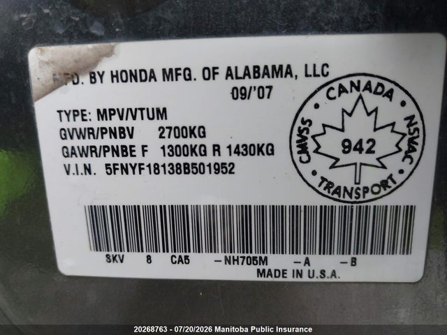 Продажа на аукционе авто 2008 Honda Pilot Lx, vin: 5FNYF18138B501952, номер лота: 20268763