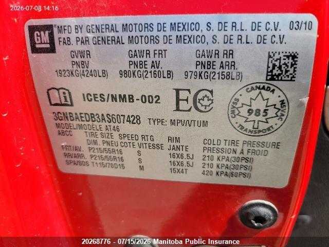 Продажа на аукционе авто 2010 Chevrolet Hhr Ls, vin: 3GNBAEDB3AS607428, номер лота: 20268776