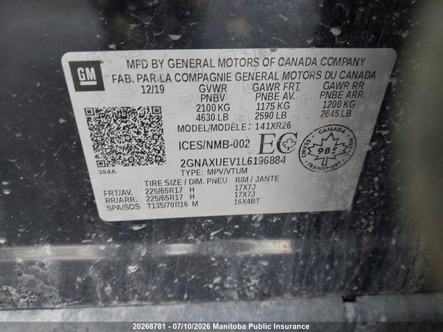 Продажа на аукционе авто 2020 Chevrolet Equinox Lt, vin: 2GNAXUEV1L6196884, номер лота: 20268781