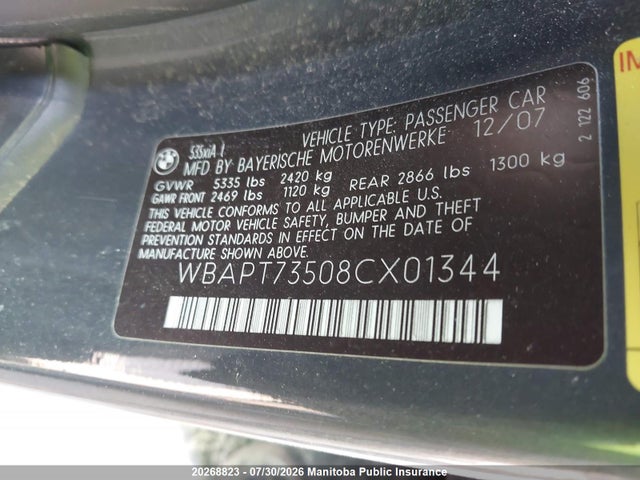 Продажа на аукционе авто 2008 Bmw 535 Xi, vin: WBAPT73508CX01344, номер лота: 20268823