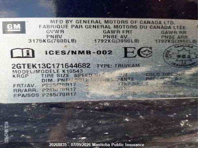 2007 Gmc Sierra 1500 Crew Cab მანქანა იყიდება აუქციონზე, vin: 2GTEK13C171644682, აუქციონის ნომერი: 20268835