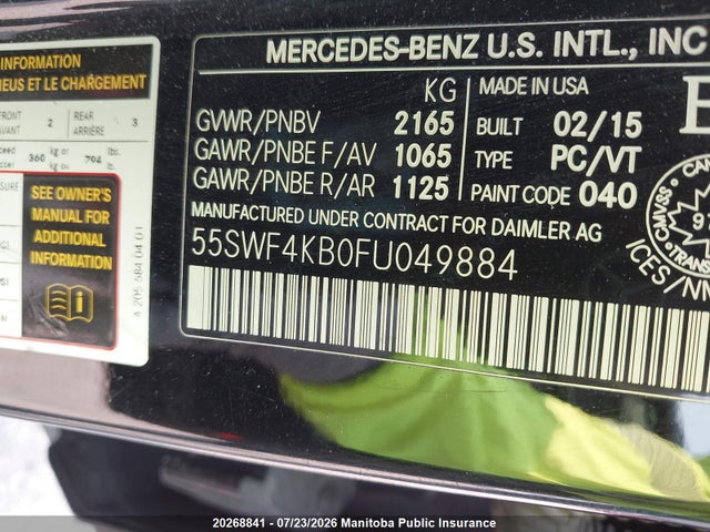 2015 Mercedes Benz C300w 4matic მანქანა იყიდება აუქციონზე, vin: 55SWF4KB0FU049884, აუქციონის ნომერი: 20268841