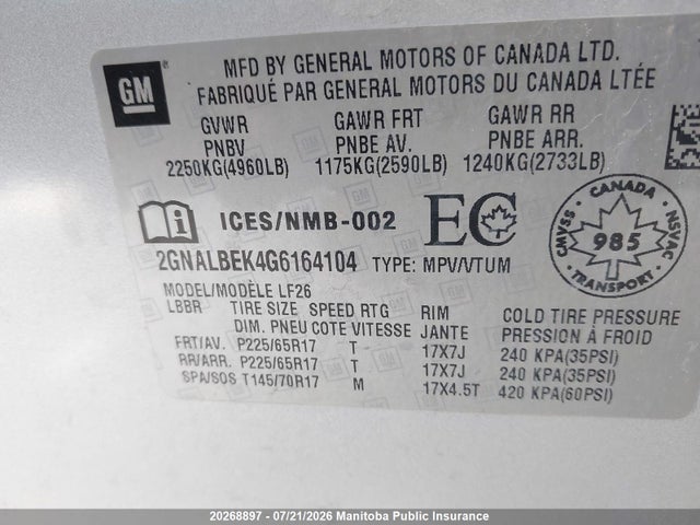 20268897 :رقم المزاد ، 2GNALBEK4G6164104 vin ، 2016 Chevrolet Equinox Ls مزاد بيع