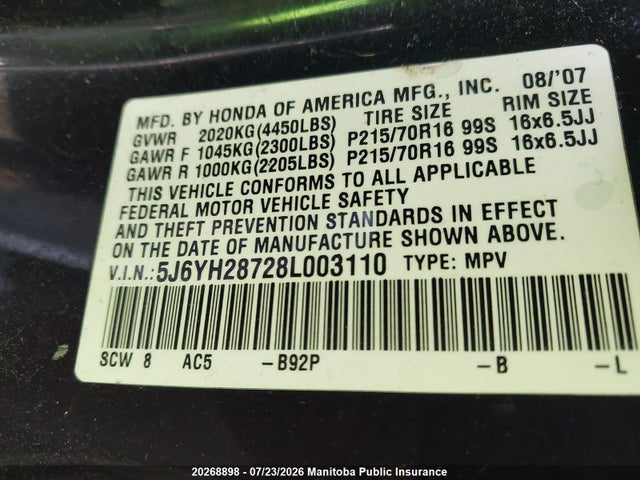 2008 Honda Element Ex მანქანა იყიდება აუქციონზე, vin: 5J6YH28728L003110, აუქციონის ნომერი: 20268898