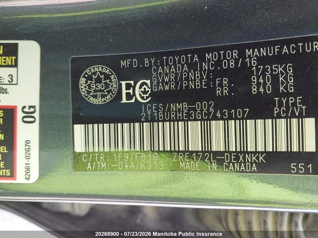Продаж на аукціоні авто 2016 Toyota Corolla L/le/le Pls/prm/s/s Pls, vin: 2T1BURHE3GC743107, номер лоту: 20268900