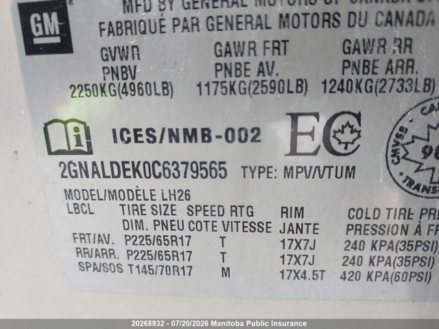 Aukcja sprzedaży 2012 Chevrolet Equinox Lt, vin: 2GNALDEK0C6379565, numer aukcji: 20268932