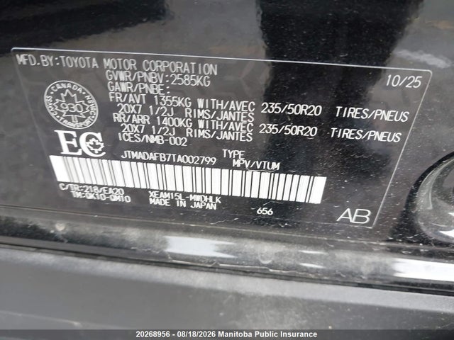 Aukcja sprzedaży 2026 Toyota Bz Limited, vin: JTMADAFB7TA002799, numer aukcji: 20268956