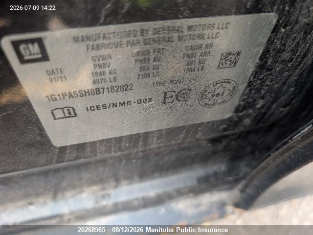 Продажа на аукционе авто 2011 Chevrolet Cruze Ls, vin: 1G1PA5SH8B7182822, номер лота: 20268965