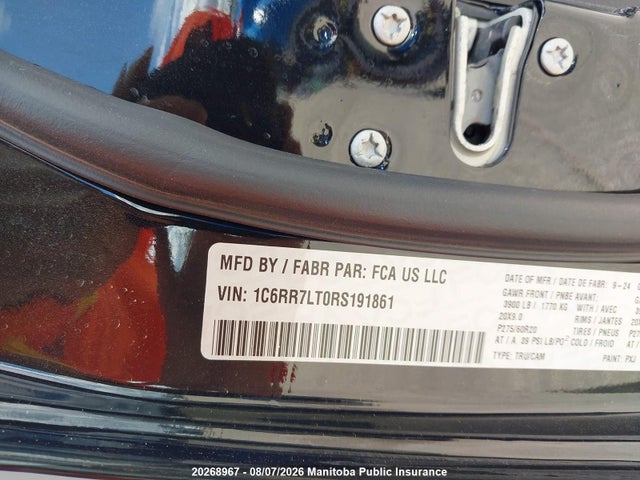 Продажа на аукционе авто 2024 Dodge Ram 1500 Limited Crew Cab, vin: 1C6RR7LT0RS191861, номер лота: 20268967