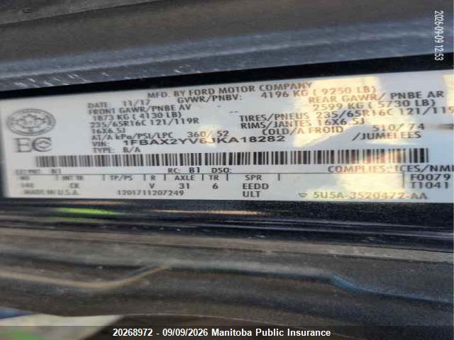1FBAX2YV6JKA18282 Ford Transit 350 Wb 148 Xl