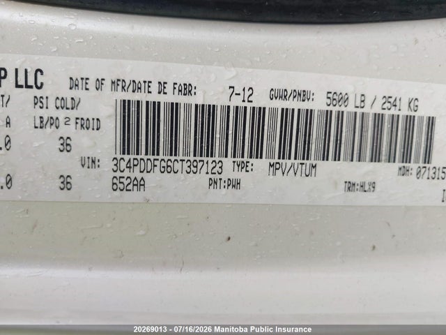 20269013 :رقم المزاد ، 3C4PDDFG6CT397123 vin ، 2012 Dodge Journey R/t مزاد بيع