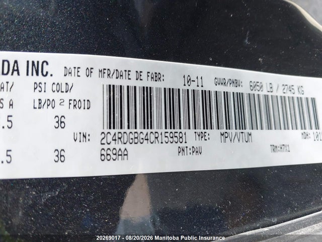 Aukcja sprzedaży 2012 Dodge Grand Caravan Se, vin: 2C4RDGBG4CR159581, numer aukcji: 20269017