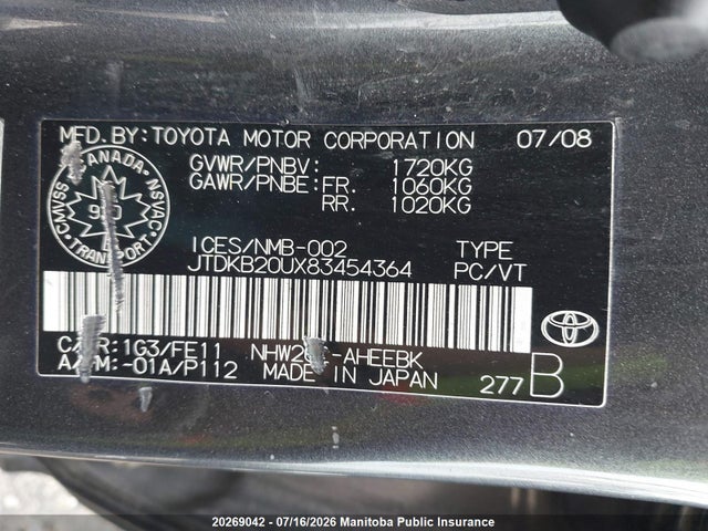 Продаж на аукціоні авто 2008 Toyota Prius, vin: JTDKB20UX83454364, номер лоту: 20269042