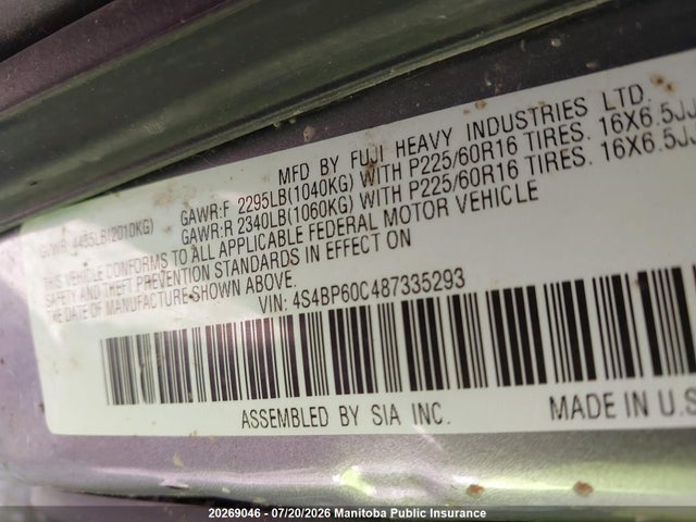 2008 Subaru Outback 2.5i მანქანა იყიდება აუქციონზე, vin: 4S4BP60C487335293, აუქციონის ნომერი: 20269046