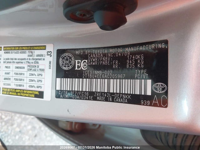 2010 Toyota Corolla Le მანქანა იყიდება აუქციონზე, vin: 2T1BU4EE6AC205967, აუქციონის ნომერი: 20269067