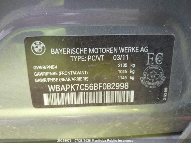20269079 :رقم المزاد ، WBAPK7C56BF082998 vin ، 2011 Bmw 328i Xdrive مزاد بيع