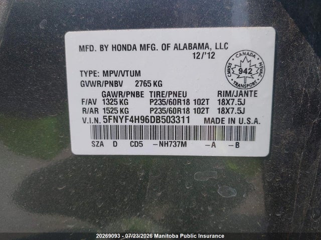 Продажа на аукционе авто 2013 Honda Pilot Touring, vin: 5FNYF4H96DB503311, номер лота: 20269093