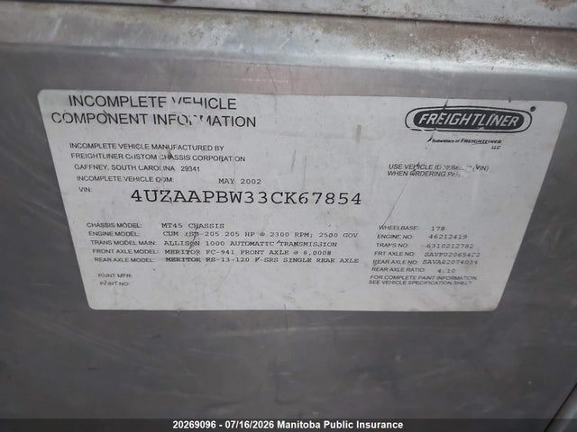 Продажа на аукционе авто 2003 Freightliner Mt-45, vin: 4UZAAPBW33CK67854, номер лота: 20269096