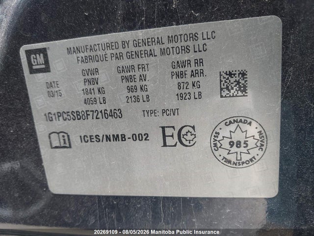 20269109 :رقم المزاد ، 1G1PC5SB8F7216463 vin ، 2015 Chevrolet Cruze Lt Turbo مزاد بيع