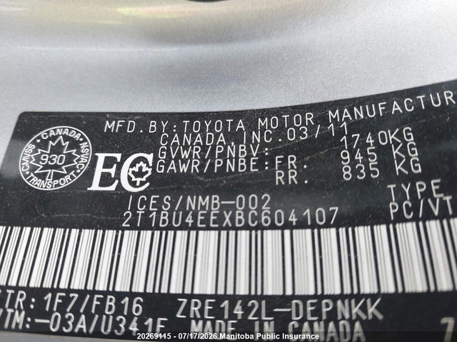 Продаж на аукціоні авто 2011 Toyota Corolla Le, vin: 2T1BU4EEXBC604107, номер лоту: 20269115