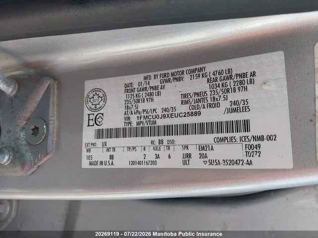 Продажа на аукционе авто 2014 Ford Escape Titanium, vin: 1FMCU0J9XEUC25889, номер лота: 20269119
