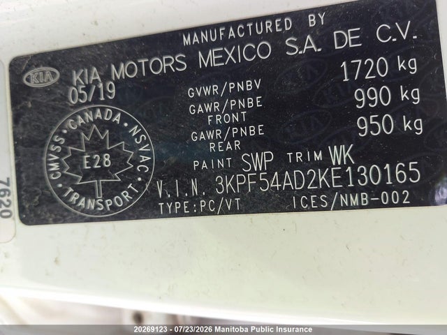20269123 :رقم المزاد ، 3KPF54AD2KE130165 vin ، 2019 Kia Forte Ex مزاد بيع