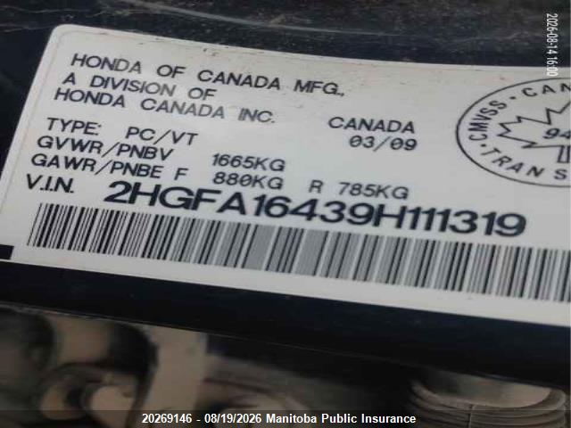 20269146 :رقم المزاد ، 2HGFA16439H111319 vin ، 2009 Honda Civic Dx-g مزاد بيع