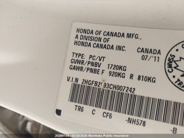 20269155 :رقم المزاد ، 2HGFB2F93CH007242 vin ، 2012 Honda Civic Dx مزاد بيع