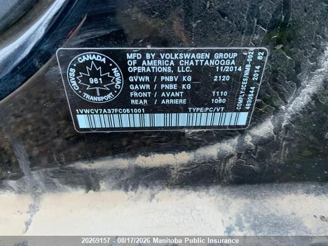 Продажа на аукционе авто 2015 Volkswagen Passat 2.0 Tdi, vin: 1VWCV7A37FC051001, номер лота: 20269157