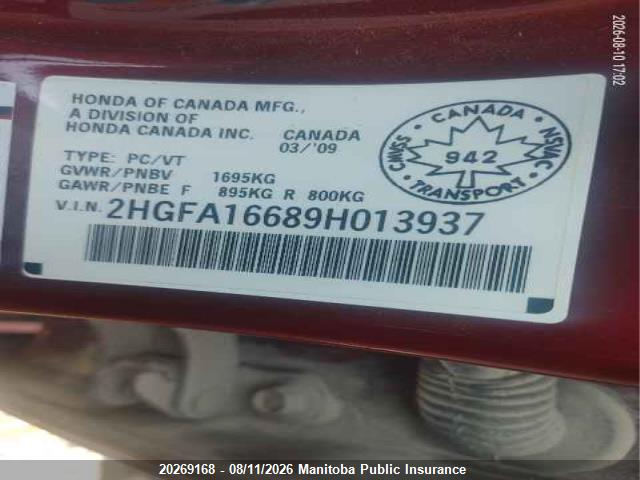 Aukcja sprzedaży 2009 Honda Civic Sport, vin: 2HGFA16689H013937, numer aukcji: 20269168