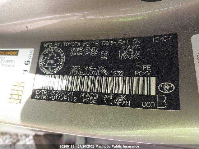 Продаж на аукціоні авто 2008 Toyota Prius Touring, vin: JTDKB20UX83361232, номер лоту: 20269188