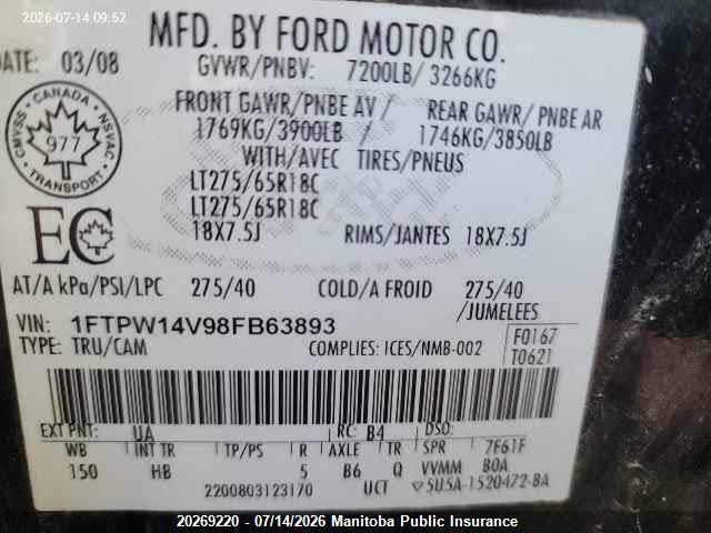 Aukcja sprzedaży 2008 Ford F150 Fx4 Supercrew, vin: 1FTPW14V98FB63893, numer aukcji: 20269220