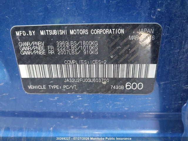 JA32U2FU0GU603700 Mitsubishi LANCER ES