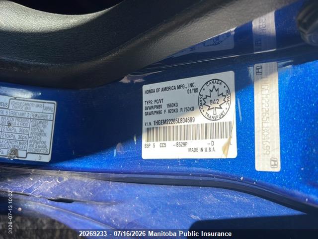 Aukcja sprzedaży 2005 Honda Civic Se, vin: 1HGEM22265L804699, numer aukcji: 20269233