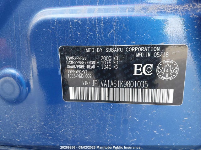 Aukcja sprzedaży 2019 Subaru Wrx, vin: JF1VA1A61K9801035, numer aukcji: 20269266