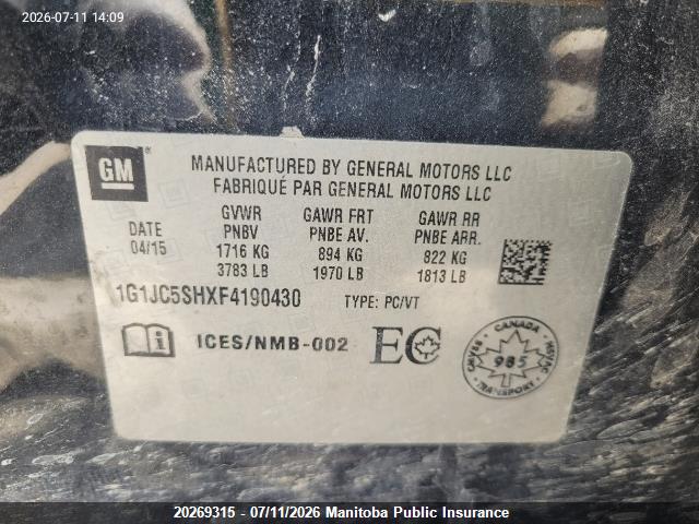 Chevrolet SONIC LT 2015 1G1JC5SHXF4190430 Image 9