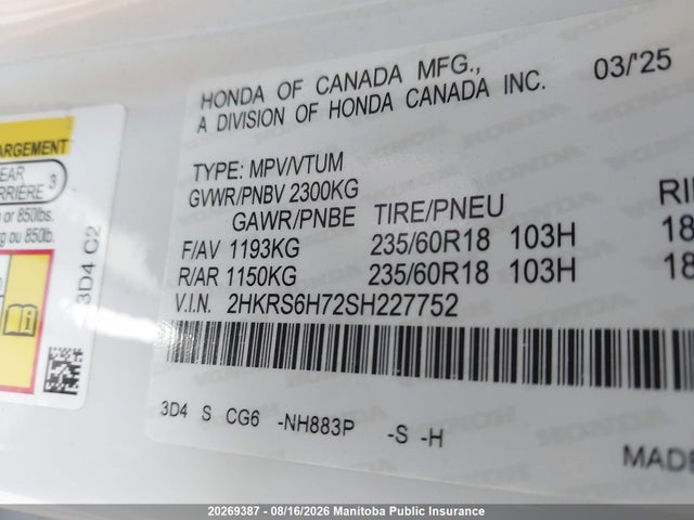 Aukcja sprzedaży 2025 Honda Cr-v Ex-l Hybrid, vin: 2HKRS6H72SH227752, numer aukcji: 20269387