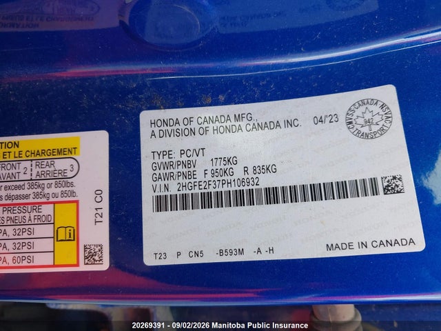 Продаж на аукціоні авто 2023 Honda Civic Ex, vin: 2HGFE2F37PH106932, номер лоту: 20269391
