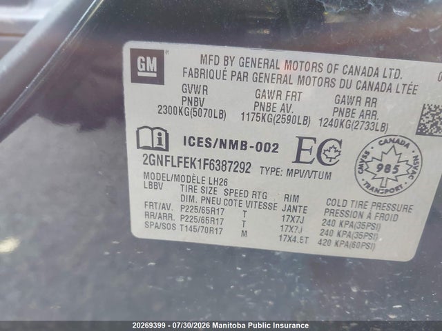 2GNFLFEK1F6387292 Chevrolet EQUINOX LT
