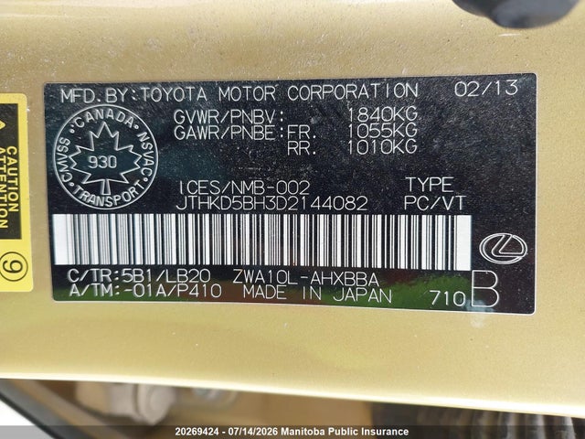 Aukcja sprzedaży 2013 Lexus Ct 200h, vin: JTHKD5BH3D2144082, numer aukcji: 20269424