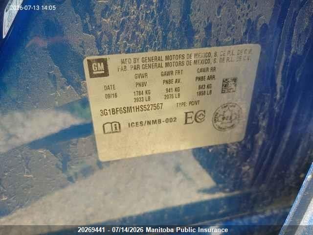 20269441 :رقم المزاد ، 3G1BF6SM1HS527567 vin ، 2017 Chevrolet Cruze Premier مزاد بيع