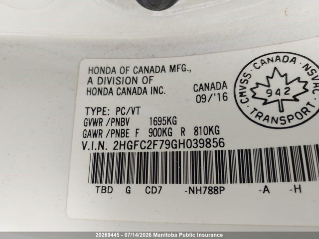 Honda CIVIC EX 2016 2HGFC2F79GH039856 Image 9