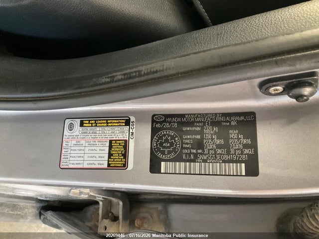20269446 :رقم المزاد ، 5NMSG13E08H197281 vin ، 2008 Hyundai Santa Fe Gl مزاد بيع