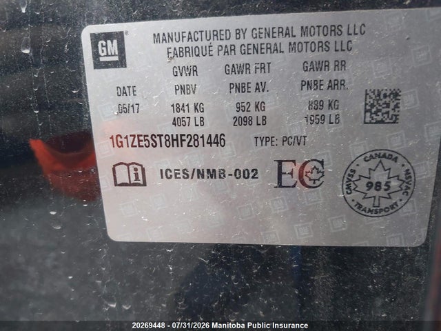 2017 Chevrolet Malibu Lt მანქანა იყიდება აუქციონზე, vin: 1G1ZE5ST8HF281446, აუქციონის ნომერი: 20269448