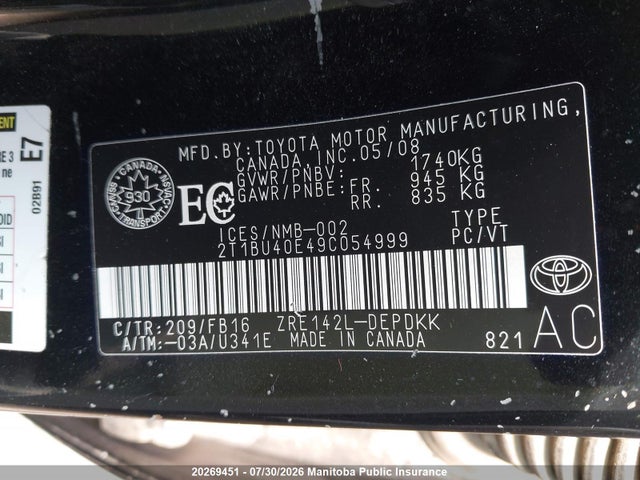 2009 Toyota Corolla Ce მანქანა იყიდება აუქციონზე, vin: 2T1BU40E49C054999, აუქციონის ნომერი: 20269451