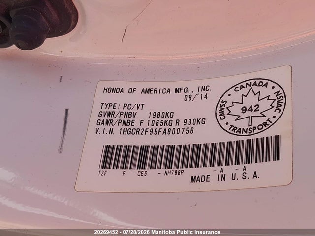1HGCR2F99FA800756 Honda Accord Touring